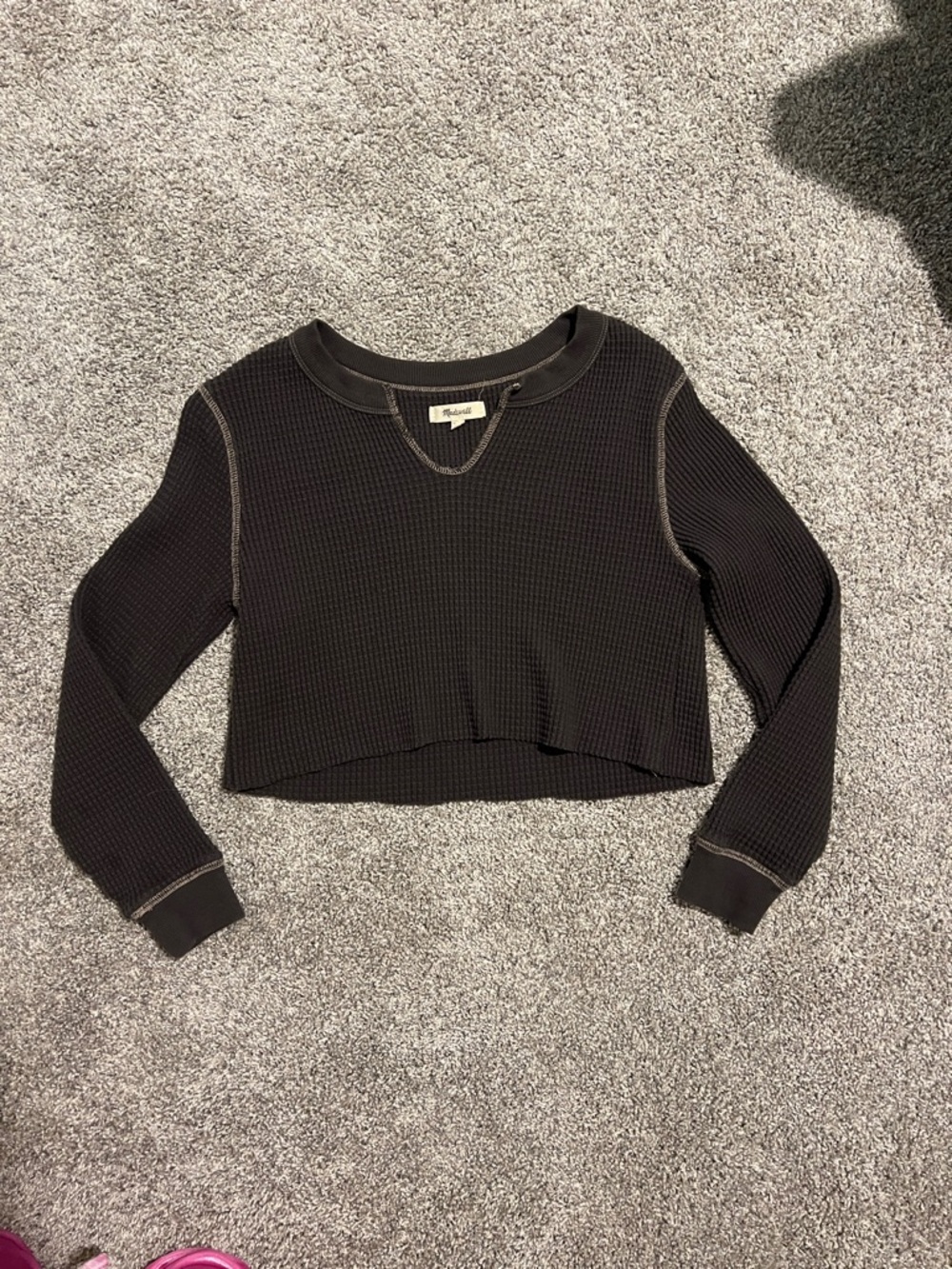 Madewell Black Cropped Waffle Thermal Long Sleeve Top
